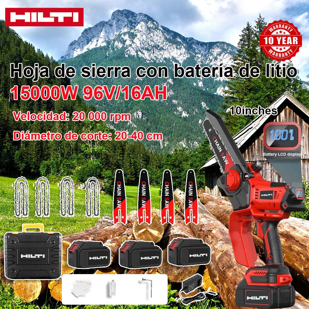 [Modelo extendido / Garantía de 10 años] Sierra eléctrica de litio de 10 pulgadas y 15 000 W, batería de 96 V*3, cargador, placa guía*4, cadena*4, caja de herramientas, aceite lubricante y vidrio, potente motor de corte de piedra
